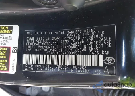 2010 Toyota Corolla Le из США, поврежденный, VIN 2T1BU4EE2AC339598